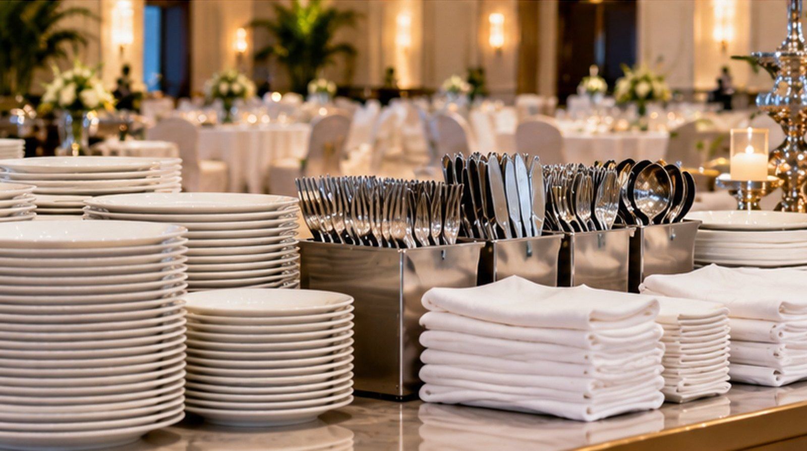 Banquet hall set with plates, cutlery and folded napkins in front of dressed tables