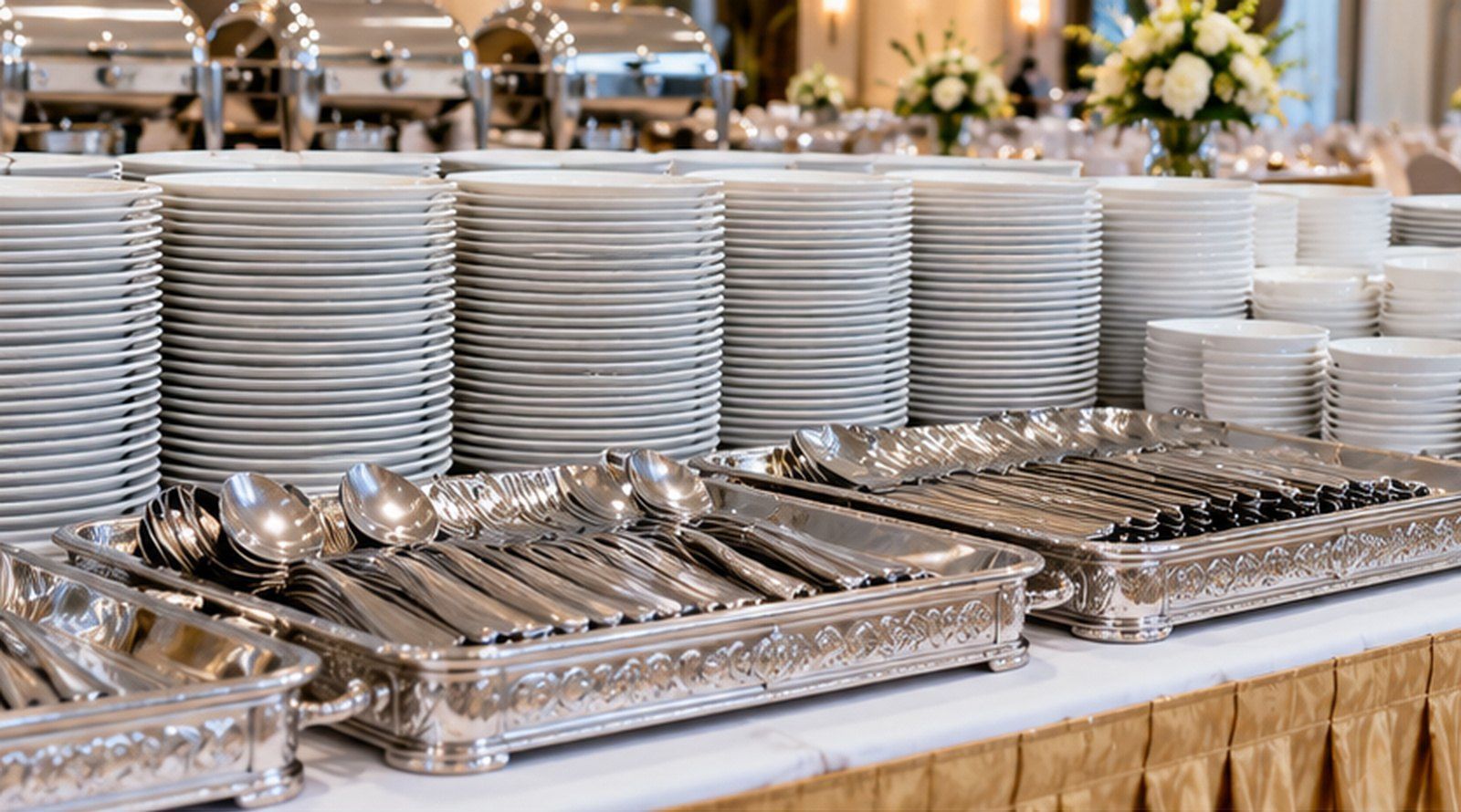 Stacks of white plates and trays of polished cutlery ready for a banquet