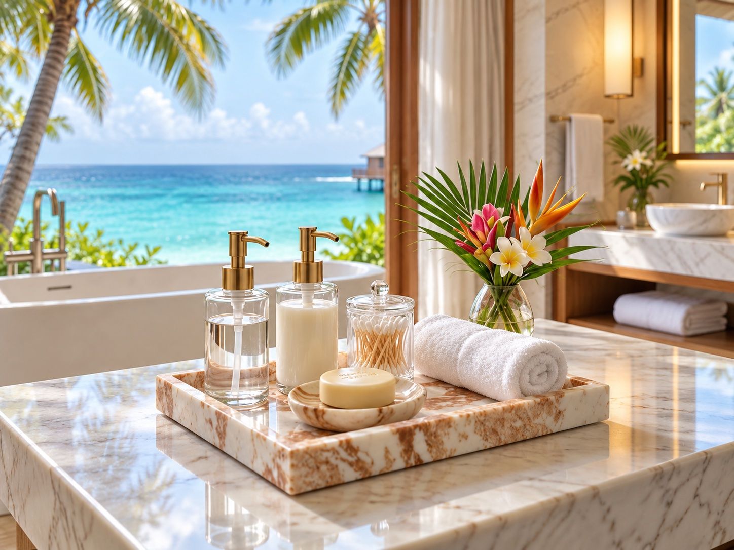 Marble tray with amenity bottles, soap, cotton buds and a rolled towel beside a bathtub overlooking the sea