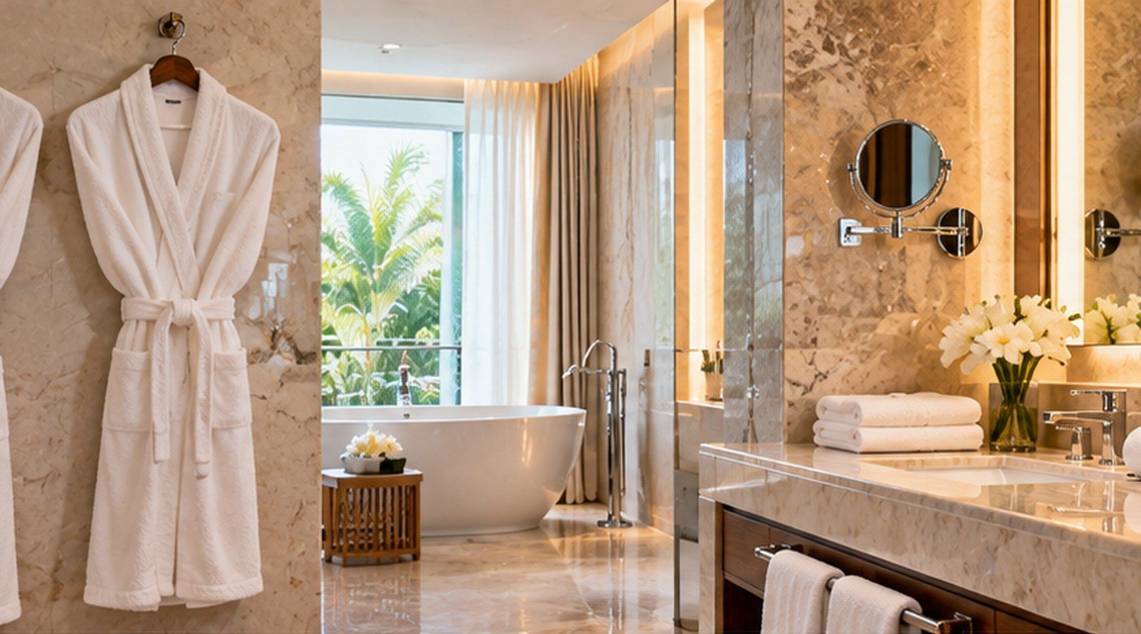 White bathrobe hanging in a marble bathroom with a freestanding tub and folded towels