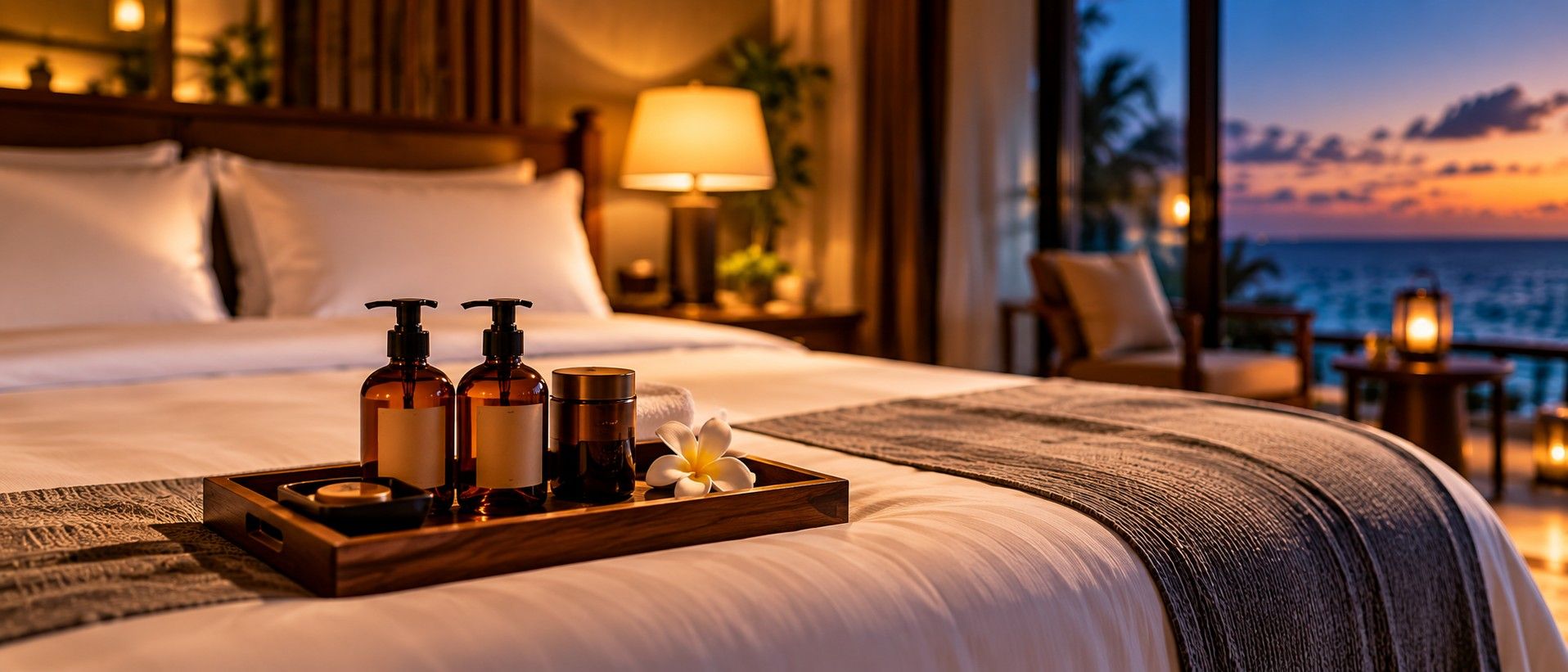 Resort bed with white linen and a timber tray of amber amenity bottles, sea at sunset beyond