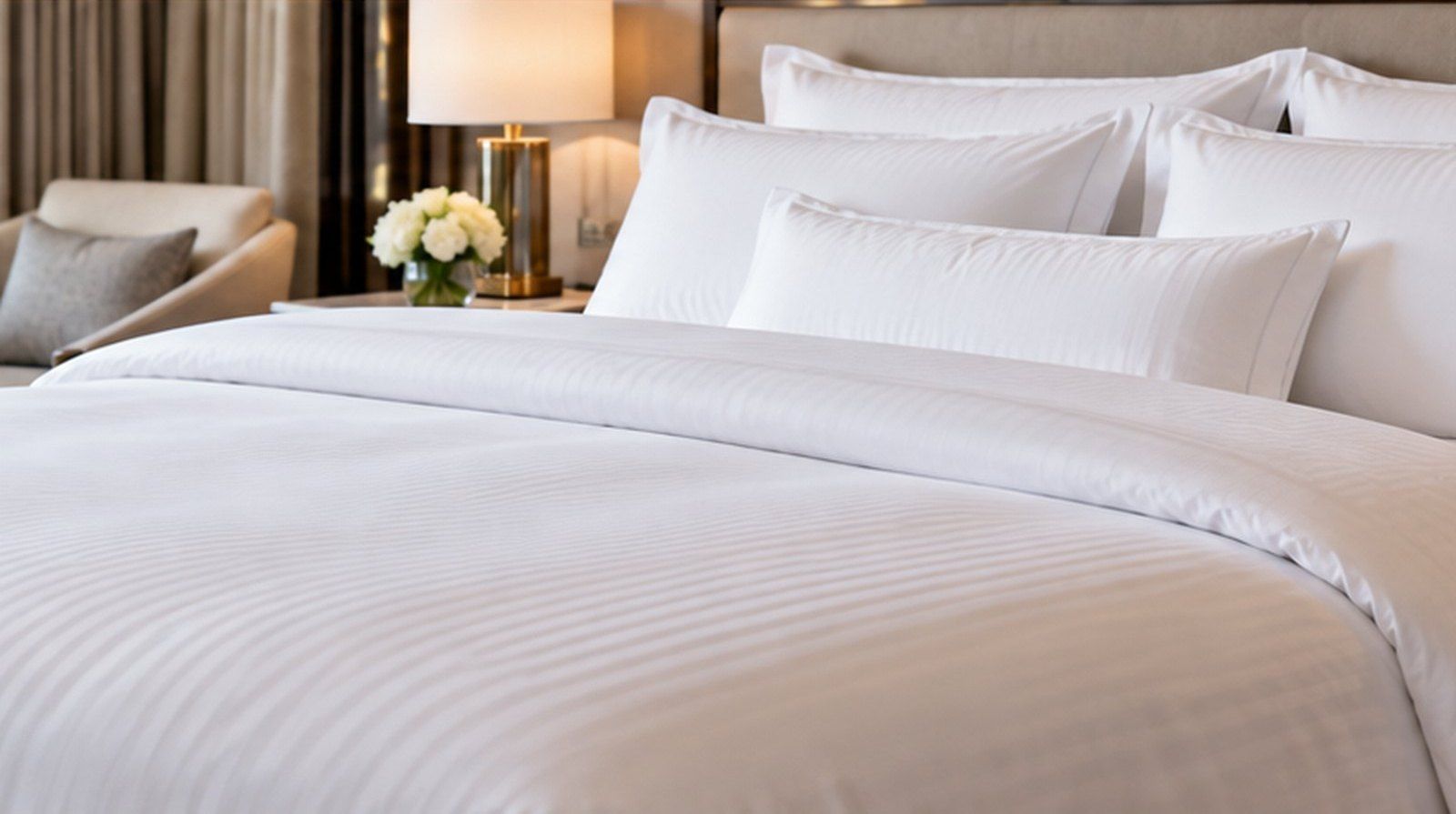 Hotel bed made up with crisp white linen and pillows beside a lamp
