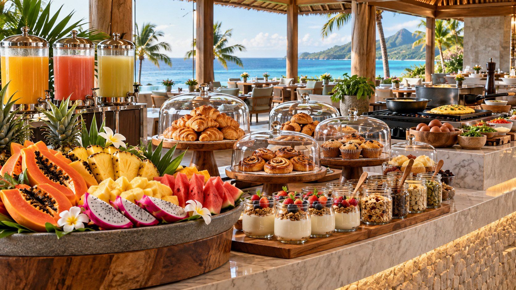 Tropical breakfast buffet with papaya, dragon fruit, pastries and juices beside the sea