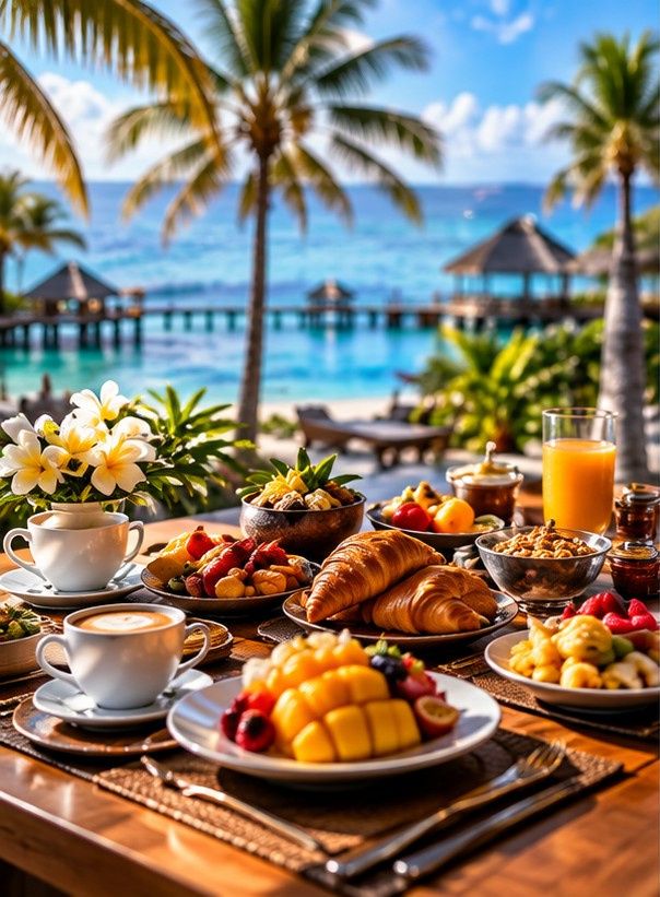 Breakfast of tropical fruit, pastries and coffee on a table by the sea