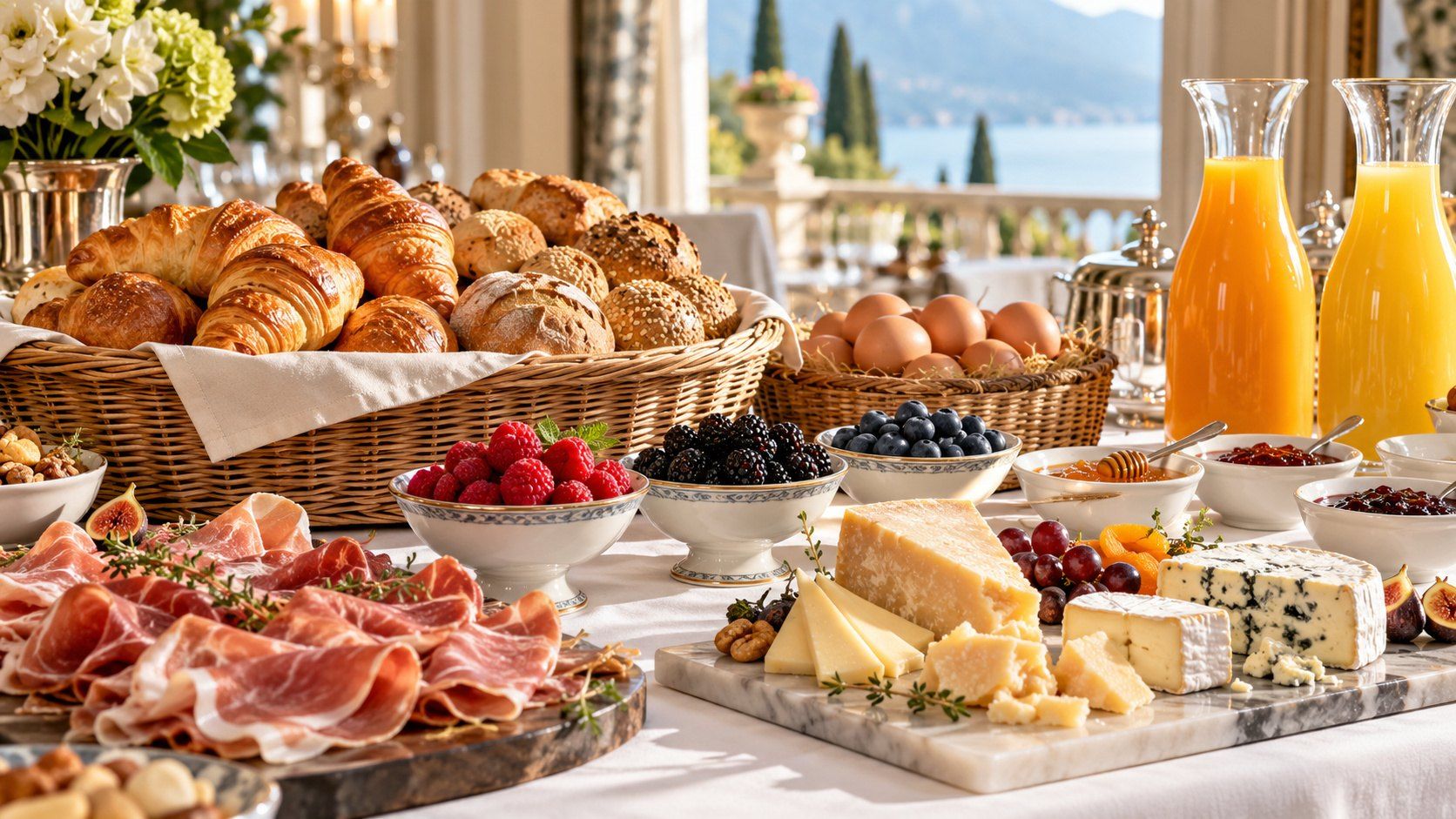 Breakfast spread of croissants, cheeses, cured meats, berries and fresh juice on a terrace