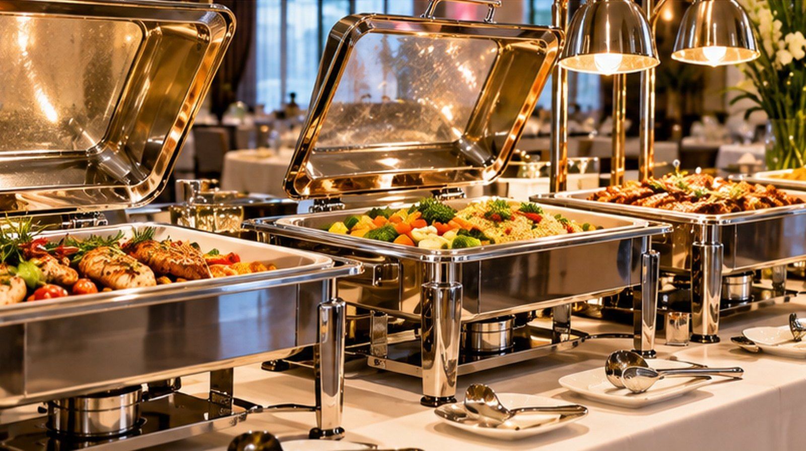 Buffet line of open chafing dishes filled with hot dishes under warm lights