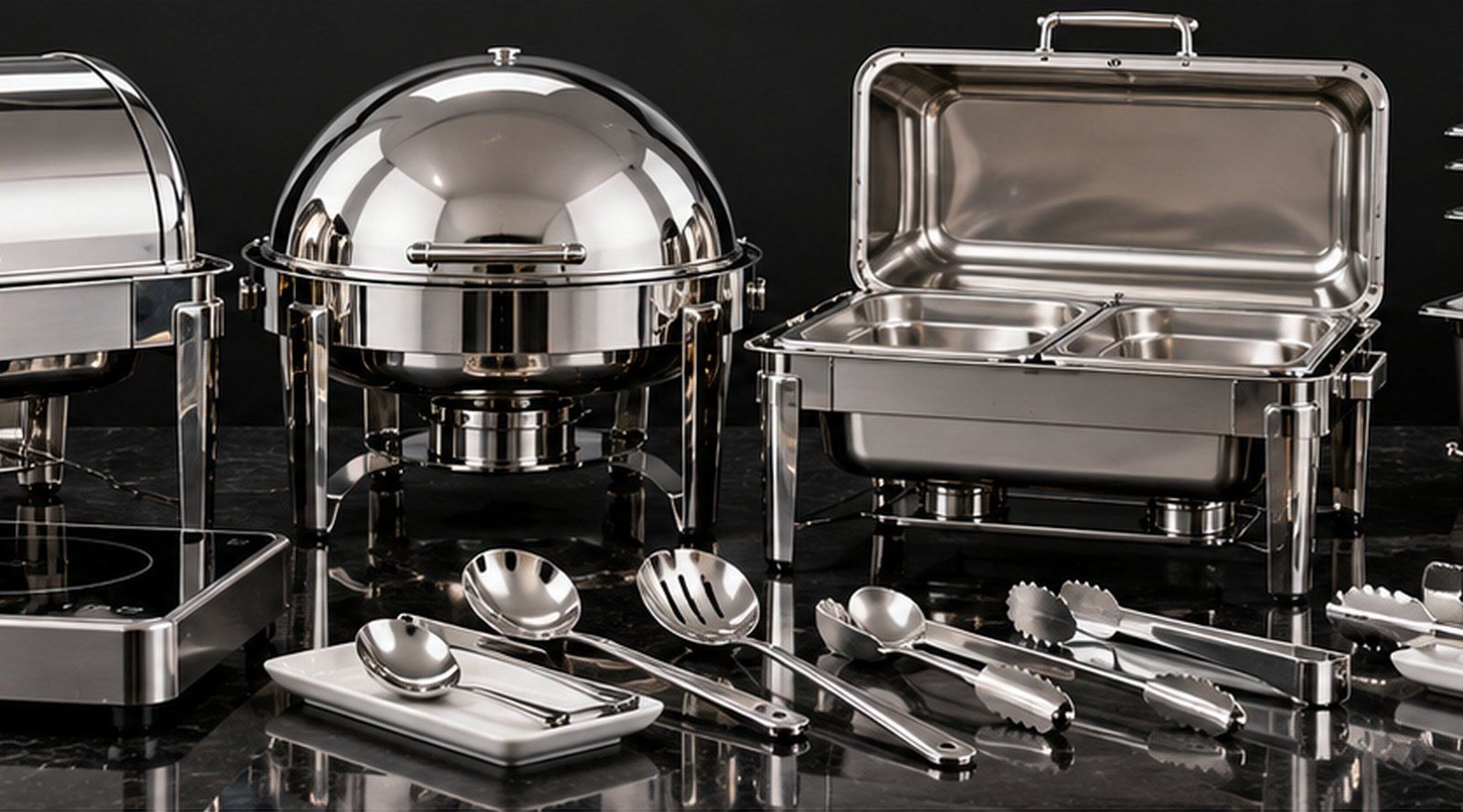 Stainless-steel chafing dishes, food pans and serving tongs on a dark surface