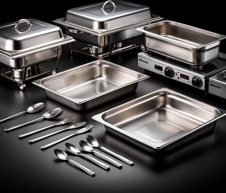 Stainless-steel chafing dishes, food pans, warmers and serving cutlery on a black surface