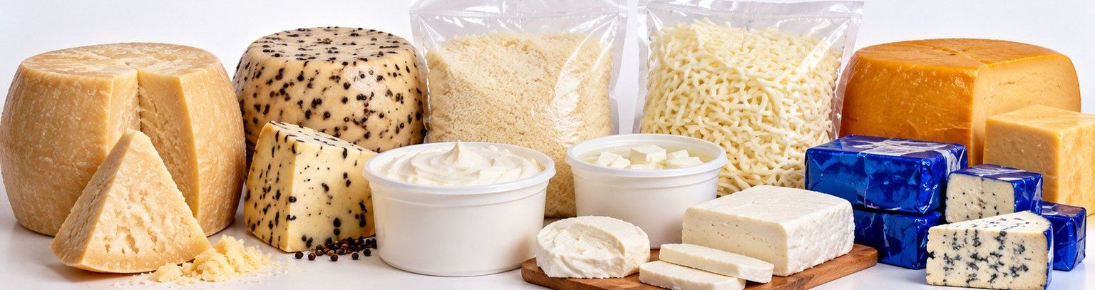 Selection of whole and sliced cheeses, grated cheese, cream and feta