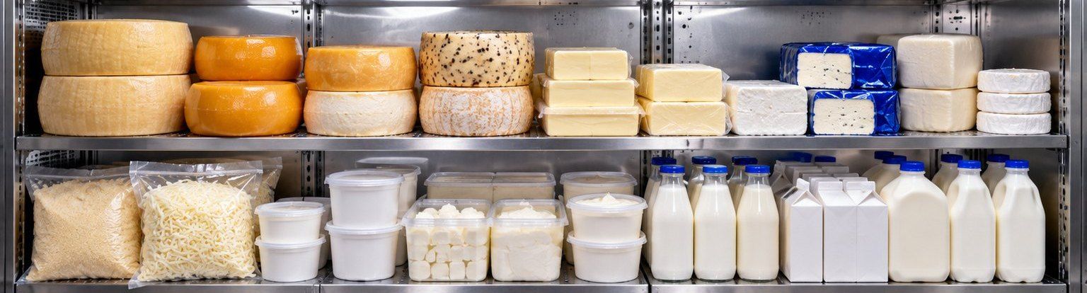 Chiller shelves stocked with cheese wheels, butter, grated cheese, yoghurt and bottled milk