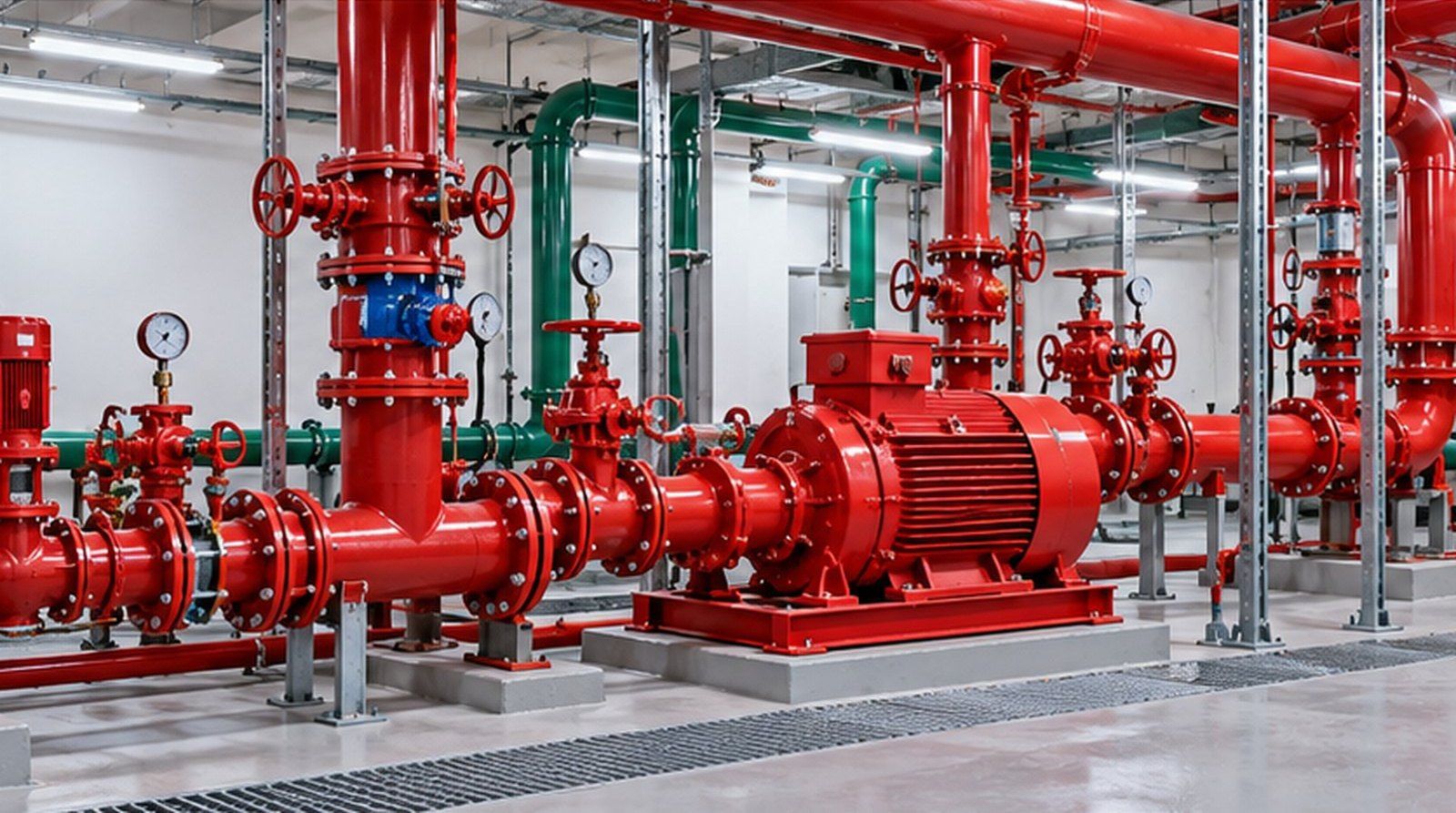 Red fire pumps and valves on a clean plant room floor