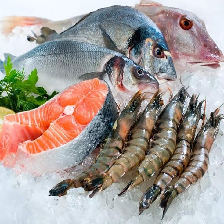 Whole fish, a salmon steak and tiger prawns on crushed ice