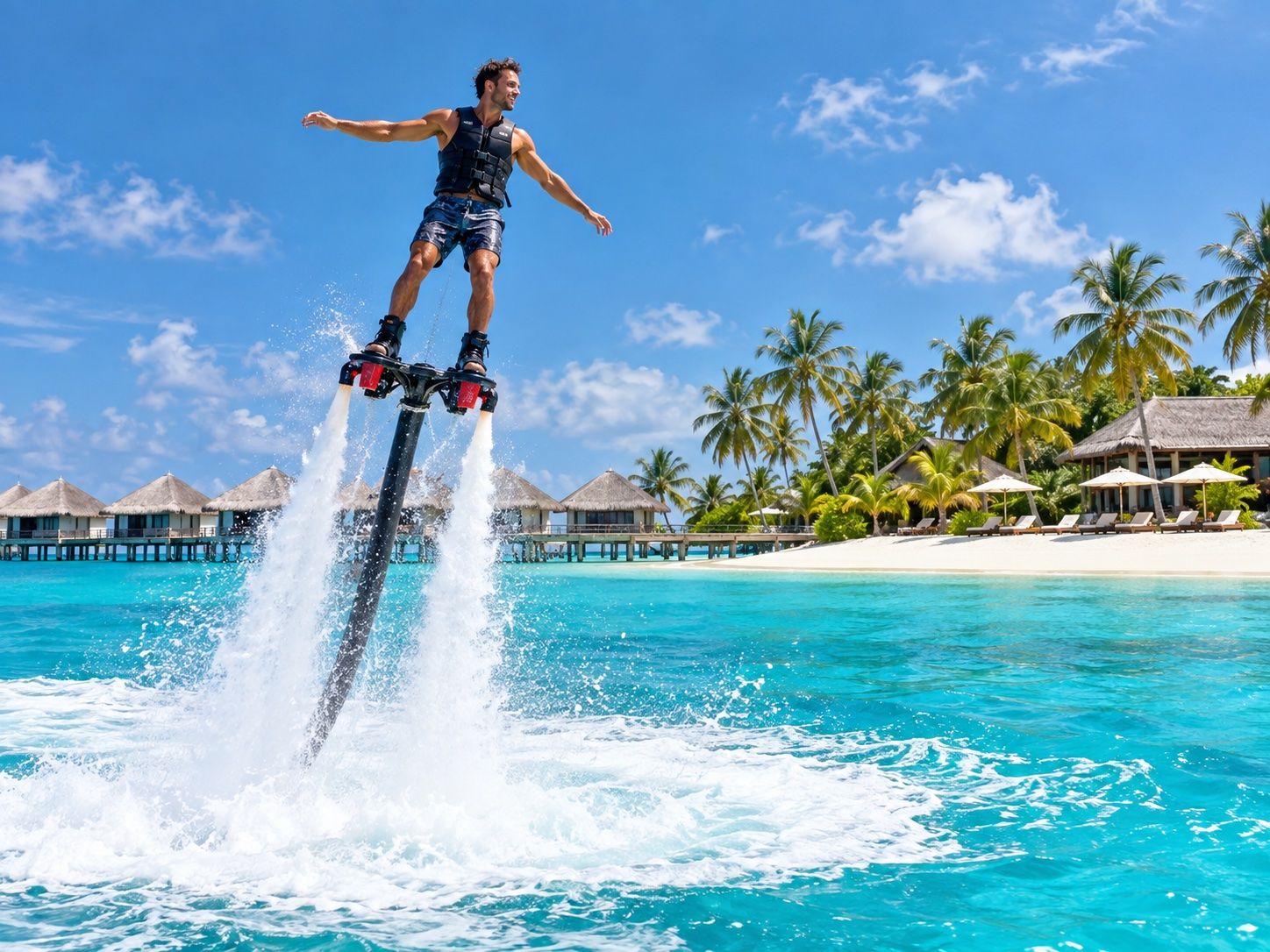 Flyboard rider hovering on jets of water above a lagoon in front of a resort beach