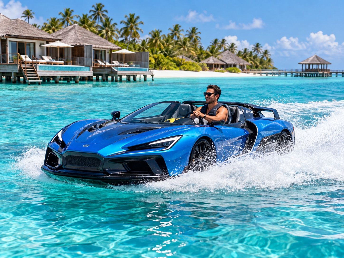Blue jet car speeding across a lagoon past overwater villas