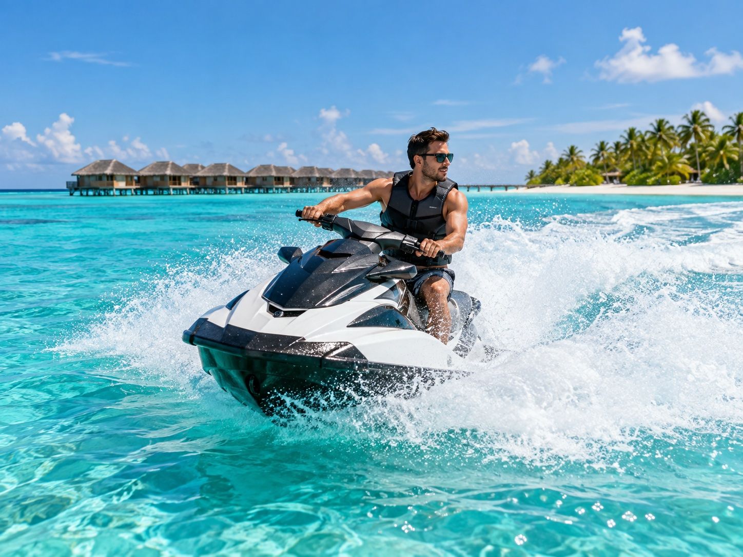 Rider on a jet ski throwing spray across a turquoise lagoon, overwater villas behind
