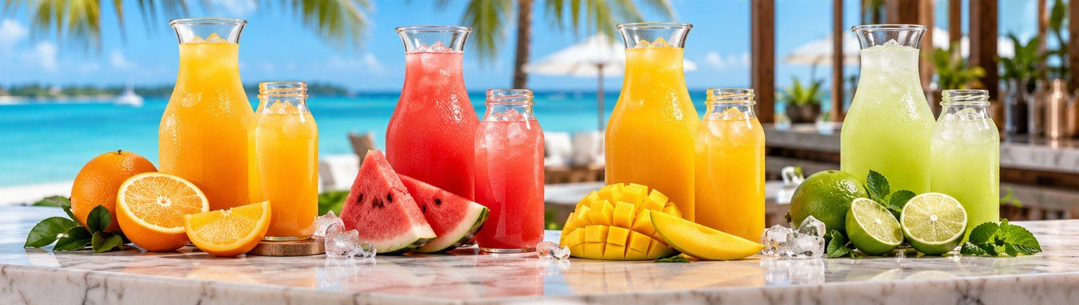 Carafes and bottles of fresh orange, watermelon, mango and lime juice on a marble counter by the sea