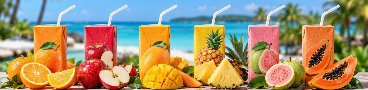 Row of fruit juice cartons with oranges, apples, mango, pineapple, guava and papaya by the beach