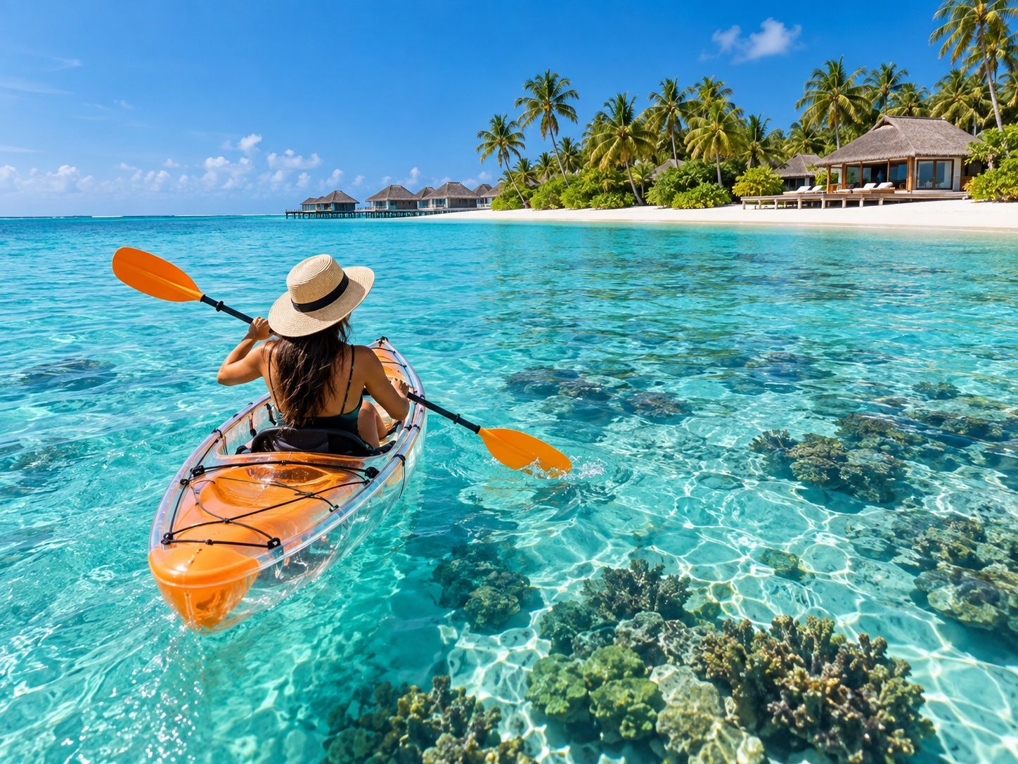 Paddler in a transparent kayak gliding over coral in a clear lagoon, beach villas beyond