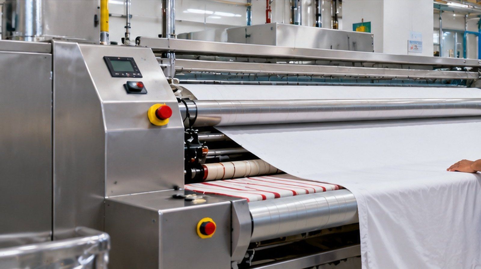Commercial flatwork ironer pressing a white sheet in a laundry