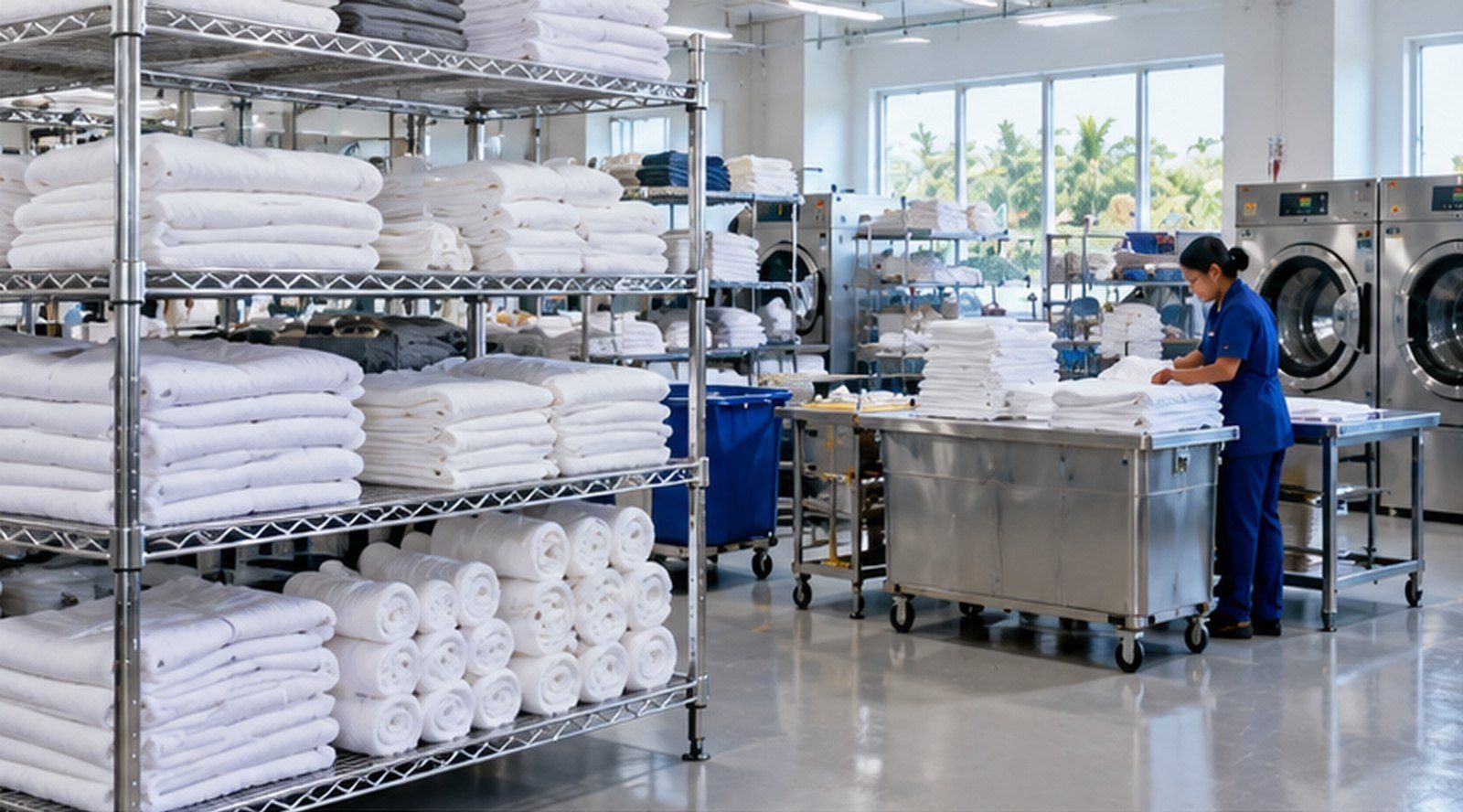 Resort laundry with shelves of folded towels, washing machines and a housekeeper at work