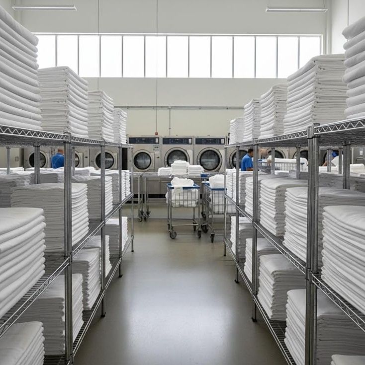 Linen room with wire shelves of folded white towels and sheets, washing machines beyond