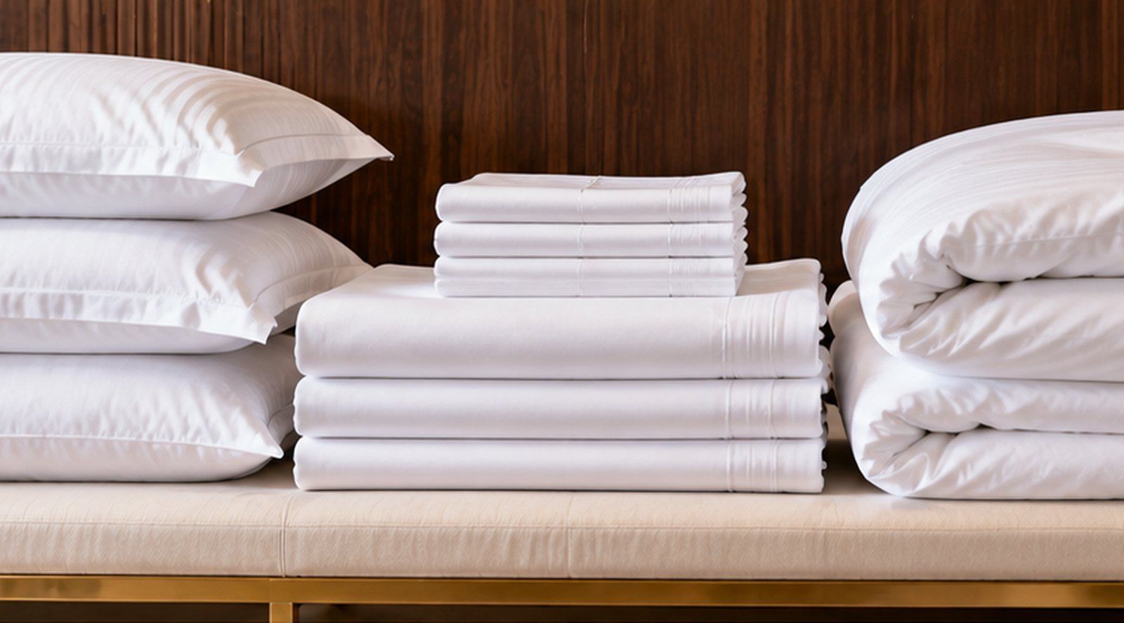 Stacks of white pillows, folded sheets and duvets on a bench