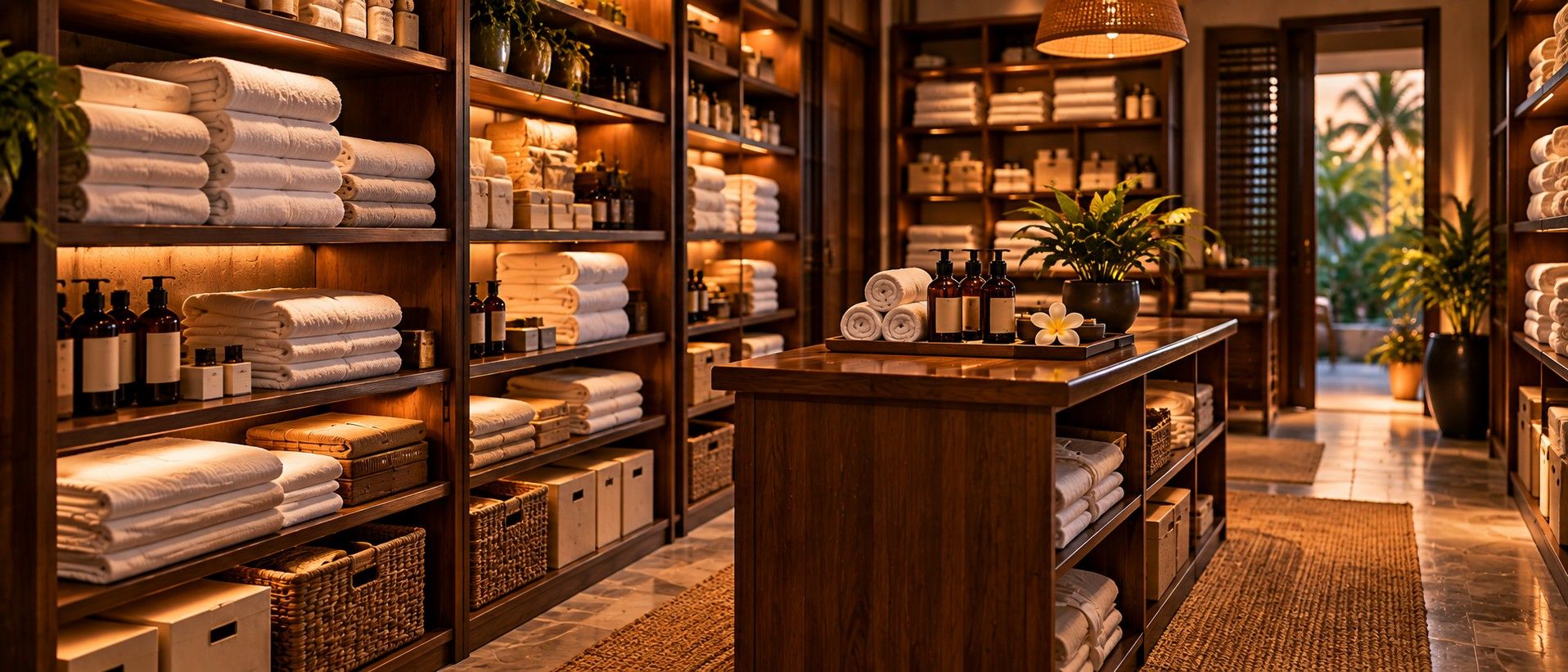 Resort storeroom with shelves of folded towels, linen and amber amenity bottles