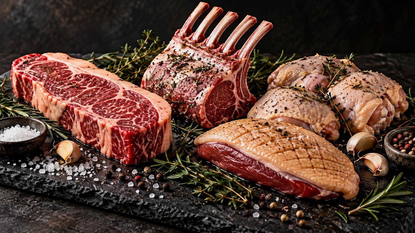 Raw beef steak, a rack of lamb, duck breast and chicken with herbs on slate