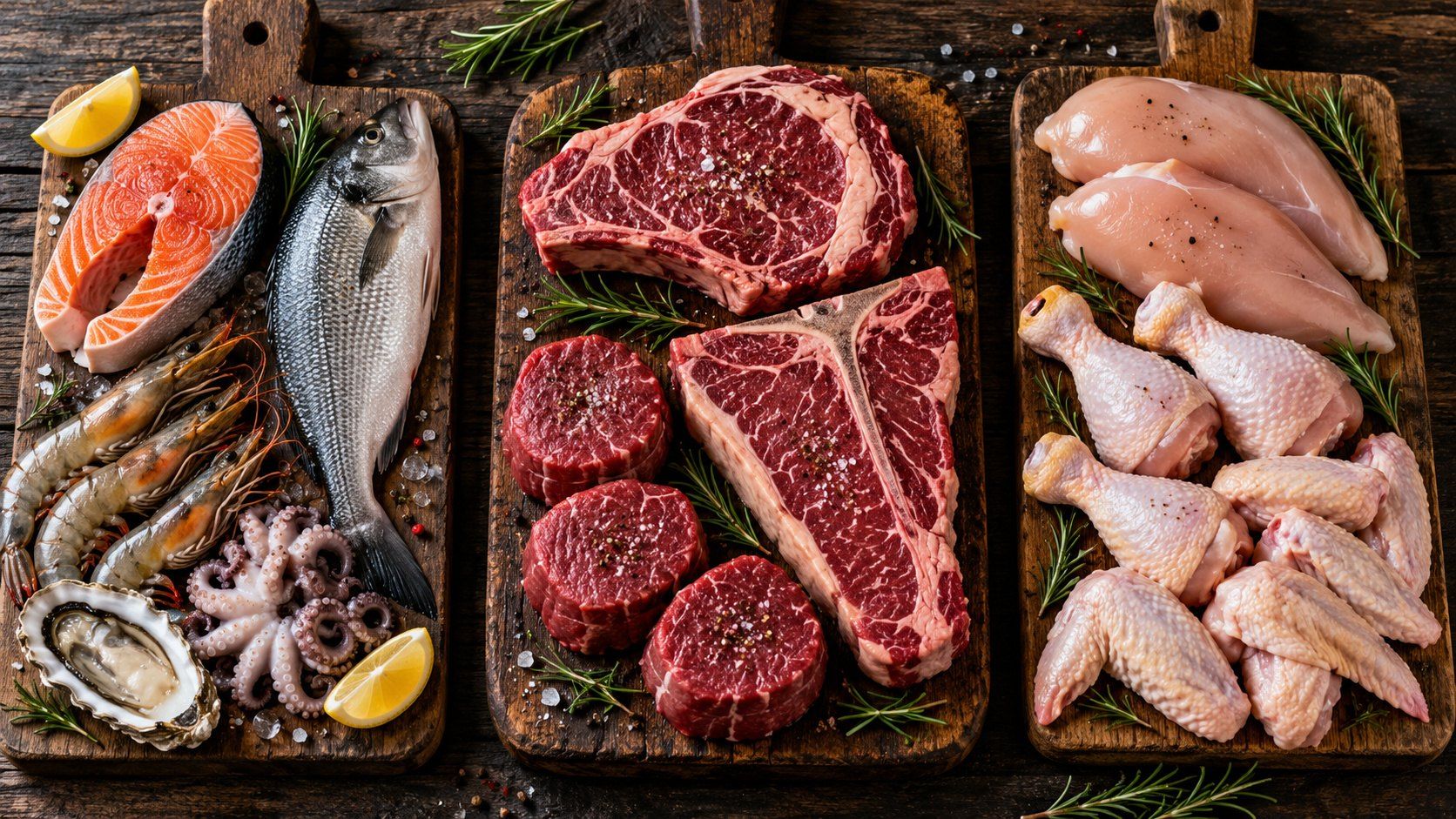 Boards of salmon, whole fish, prawns, beef steaks and chicken on a dark table