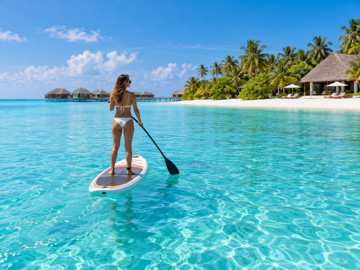 Stand-up paddleboarder on a calm turquoise lagoon in front of a resort beach