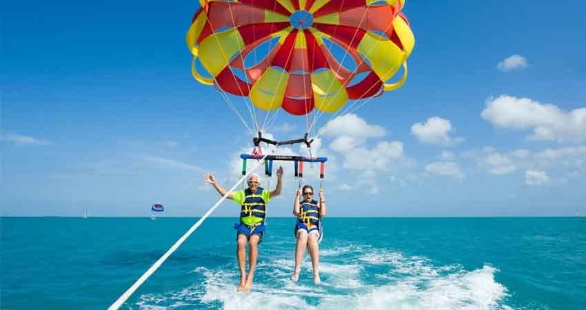 Two people parasailing over a turquoise lagoon