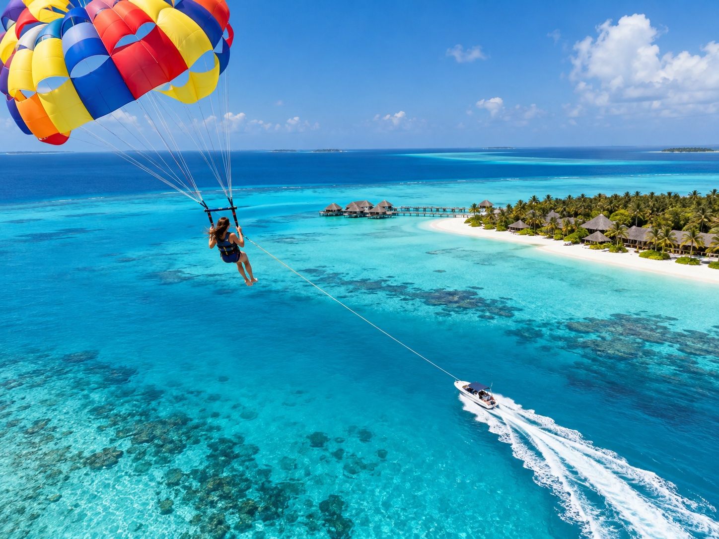 Parasailer under a multicoloured canopy towed by a speedboat over a reef lagoon beside a resort island