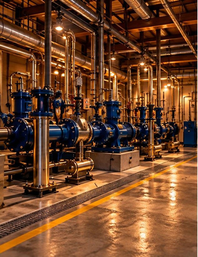 Resort plant room with rows of pumps, pipework and valves