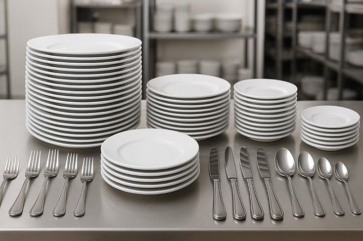 Stacks of white plates with forks, knives and spoons on a stainless-steel counter