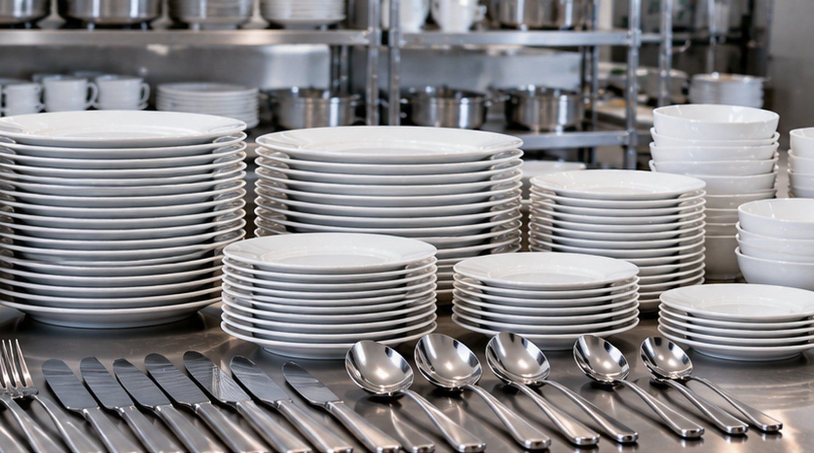 Stacks of white plates, bowls and rows of cutlery on a stainless-steel counter