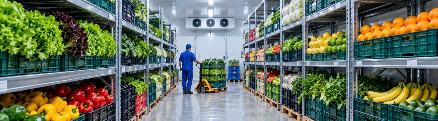 Cold room aisle lined with shelves of leafy greens, peppers, citrus and bananas