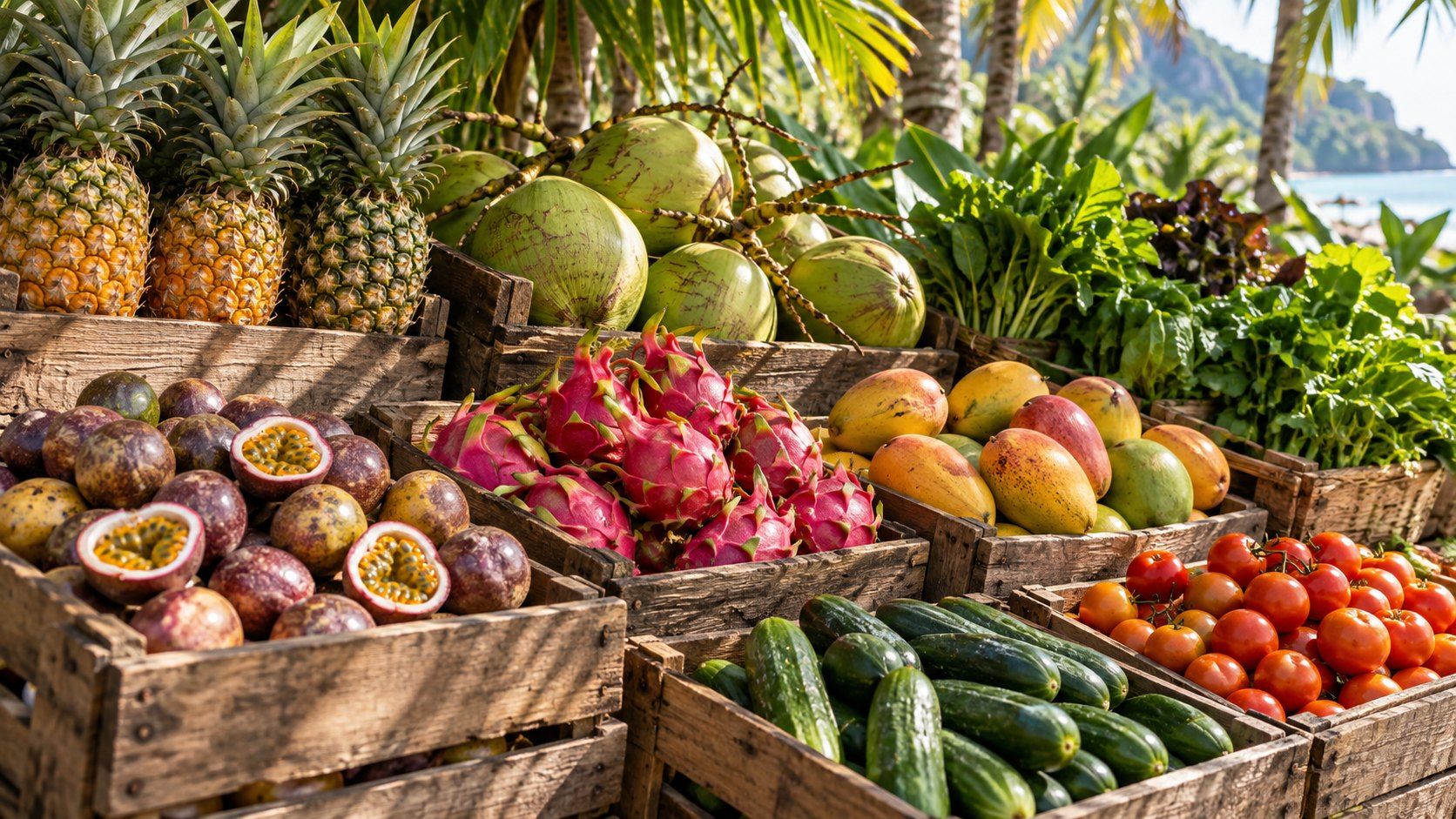 Wooden crates of pineapple, passion fruit, dragon fruit, cucumbers and tomatoes under palm trees