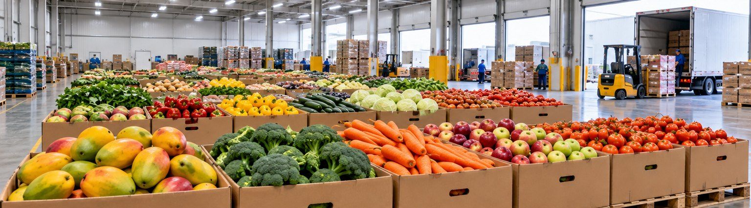 Warehouse floor of fresh fruit and vegetables in crates beside a loading bay
