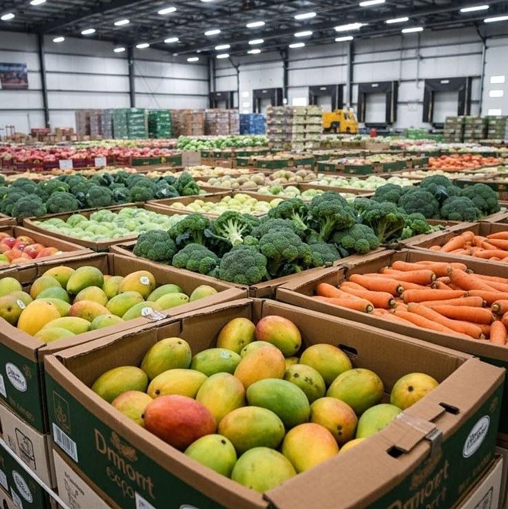 Produce warehouse with boxes of mangoes, broccoli and carrots