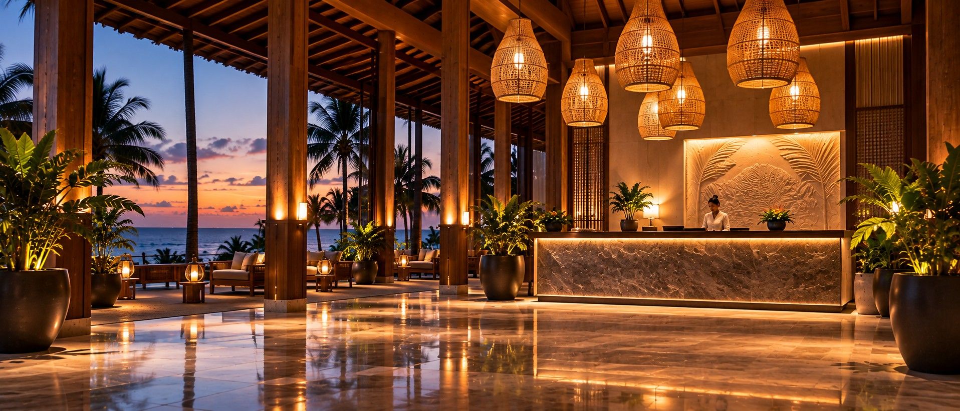 Resort lobby at dusk with rattan pendant lights, polished floor and palms
