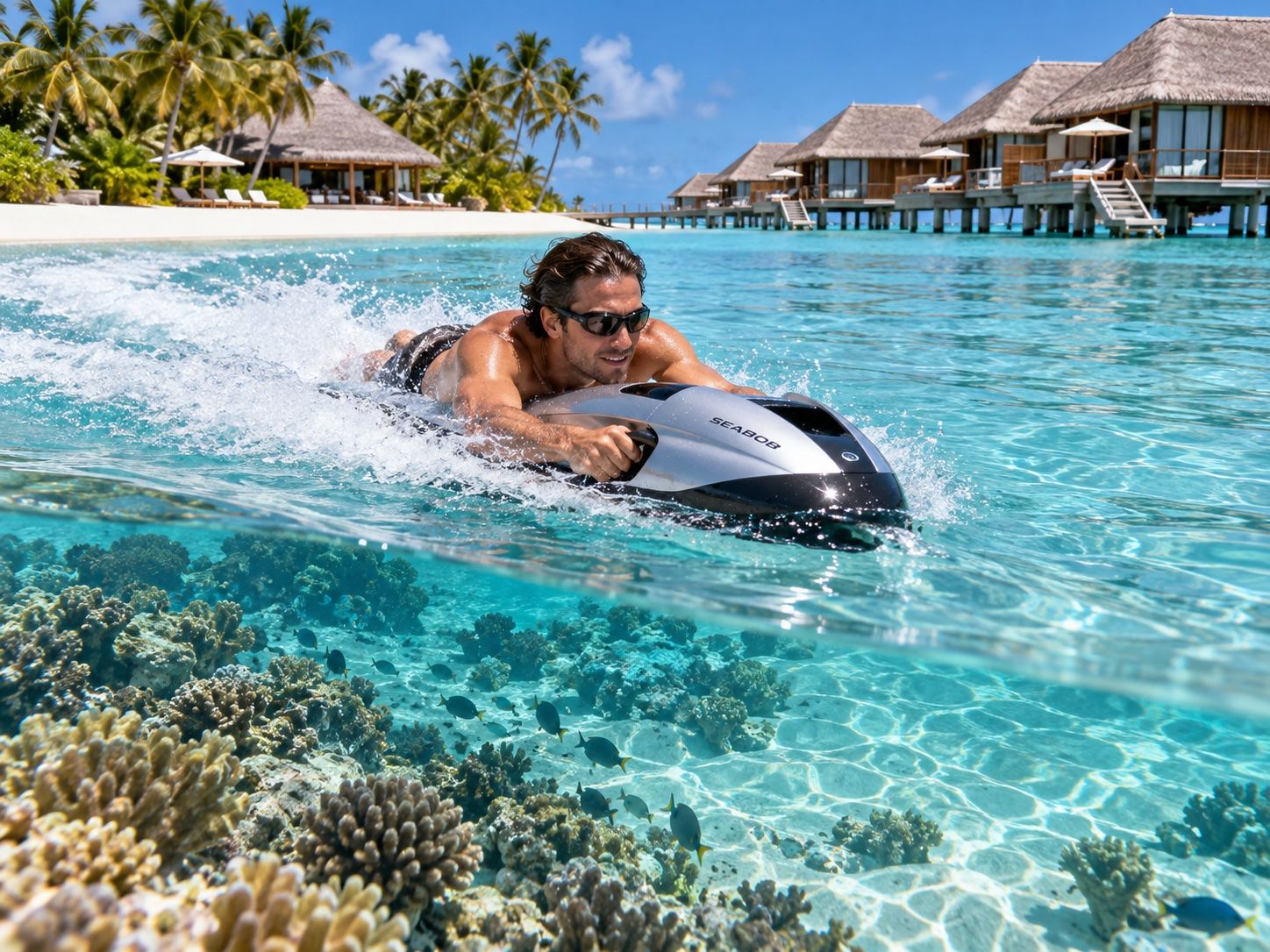 Rider on a sea scooter skimming over a coral reef in shallow clear water
