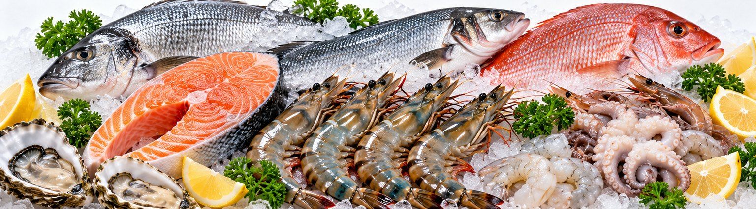 Whole fish, salmon steak, prawns, octopus and oysters on crushed ice with lemon