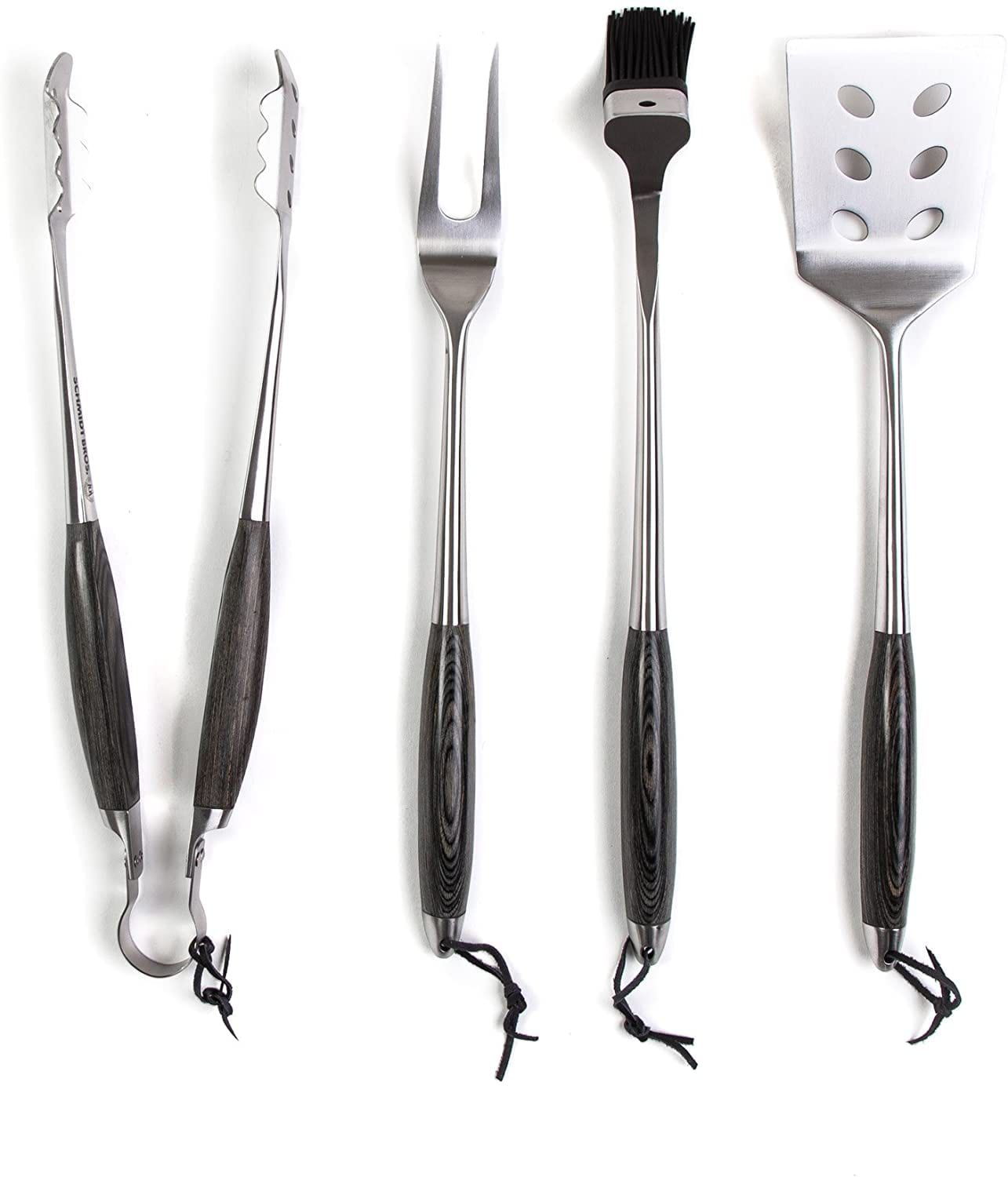 Set of stainless-steel serving utensils with black handles