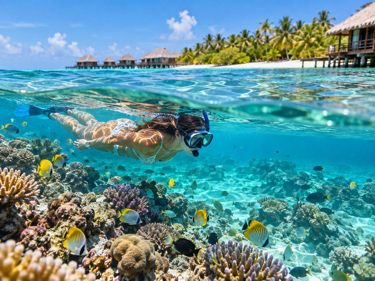 Snorkeler swimming over a coral reef full of tropical fish, overwater villas on the horizon