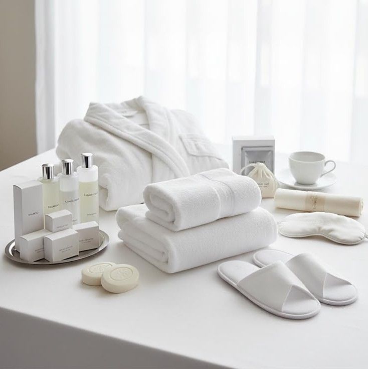 White robe, folded towels, slippers, eye mask and amenity bottles on a white table
