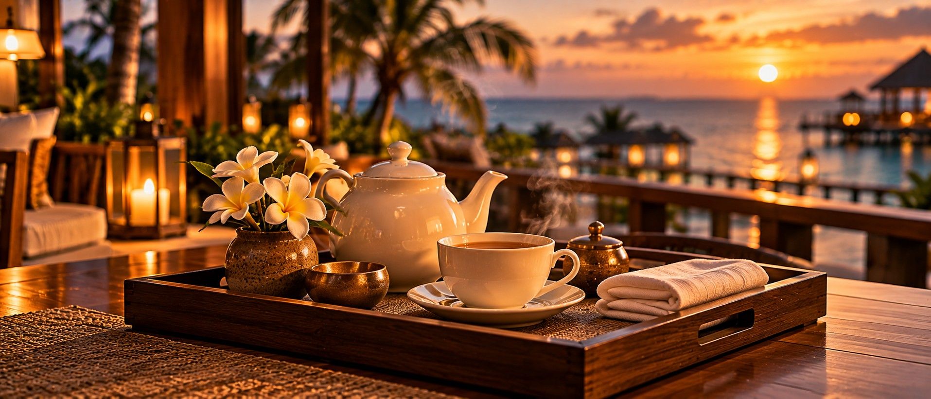 Porcelain tea set on a timber tray on a terrace at sunset