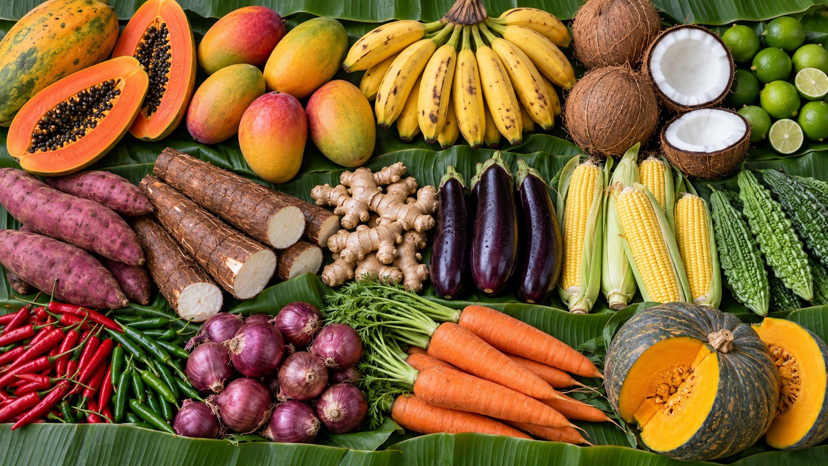 Tropical fruit and vegetables laid out on banana leaves, from papaya and coconut to chillies and squash