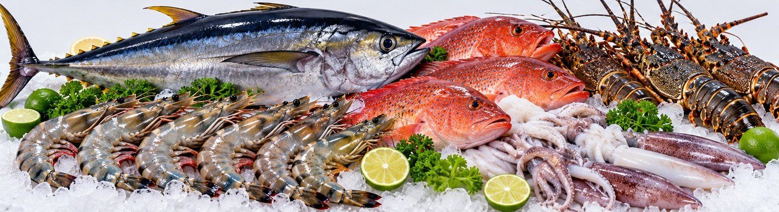 Whole tuna, red snapper, spiny lobster, prawns and squid on crushed ice with lime