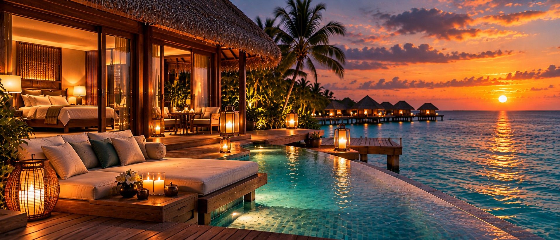 Villa terrace with lounge seating and a pool overlooking the sea at sunset