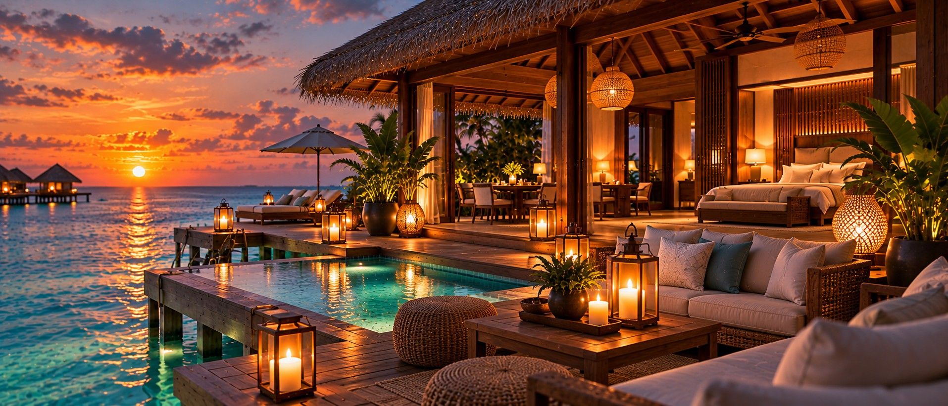 Overwater villa terrace at sunset with lanterns, lounge seating and a pool